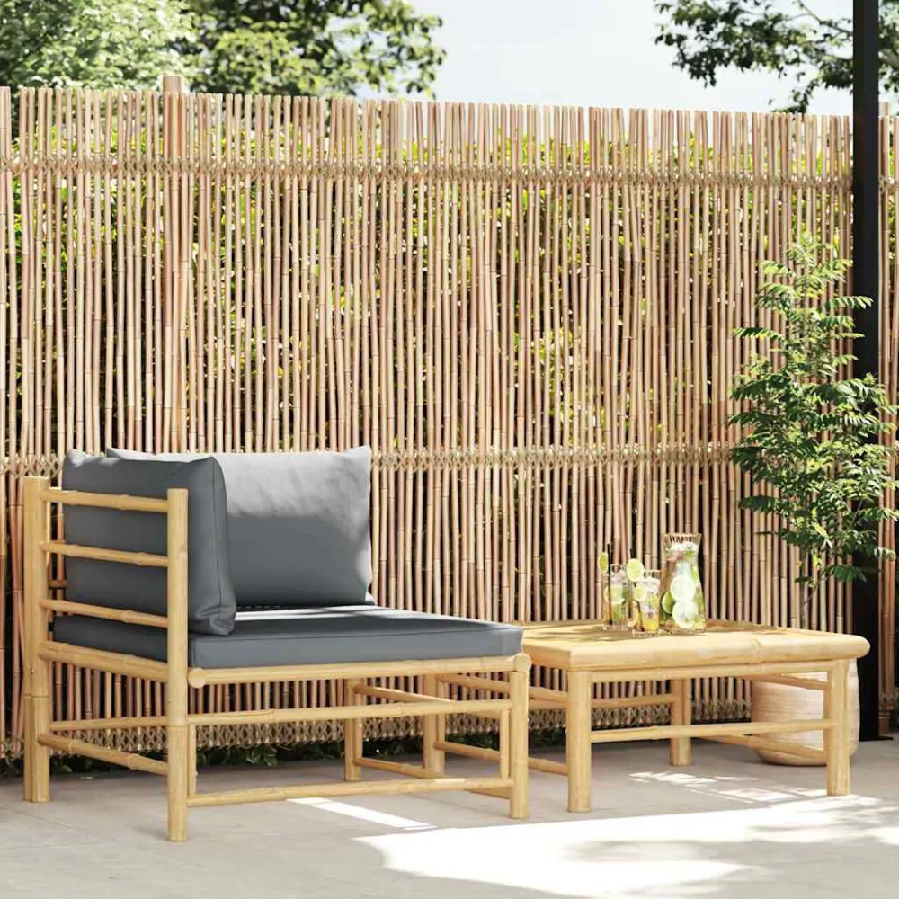 Sedia Pieghevole Set Divani da Giardino 2 pz con Cuscini Grigio Nero Bambù