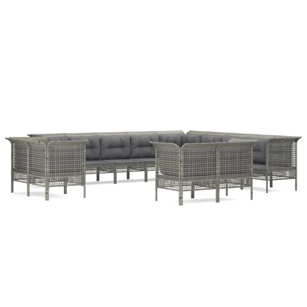 Sedia Pieghevole Set Divani da Giardino 13 pz con Cuscini Polyrattan Grigio