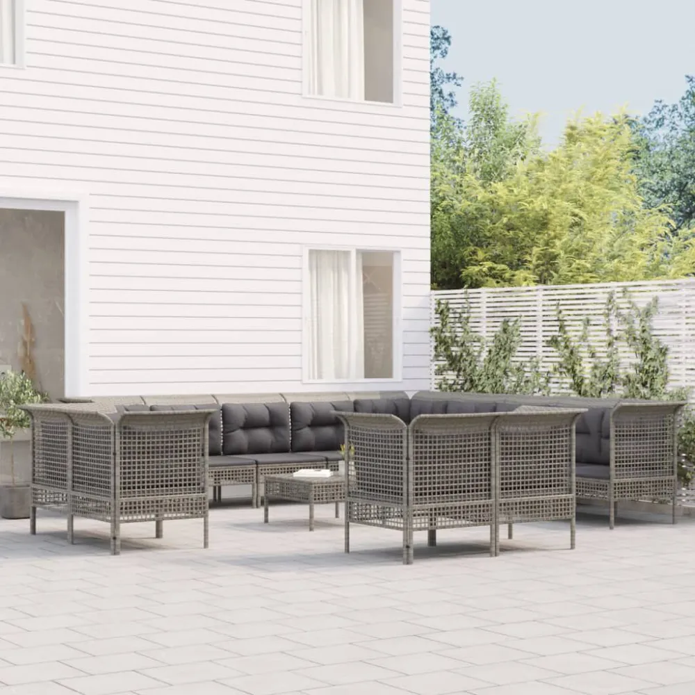 Sedia Pieghevole Set Divani da Giardino 13 pz con Cuscini Polyrattan Grigio