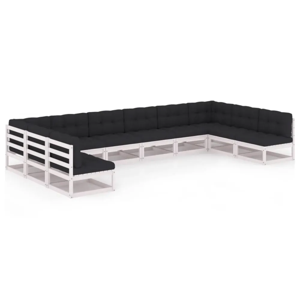 Sedia Pieghevole Set Divani da Giardino 10 pz Cuscini Bianchi Massello di Pino