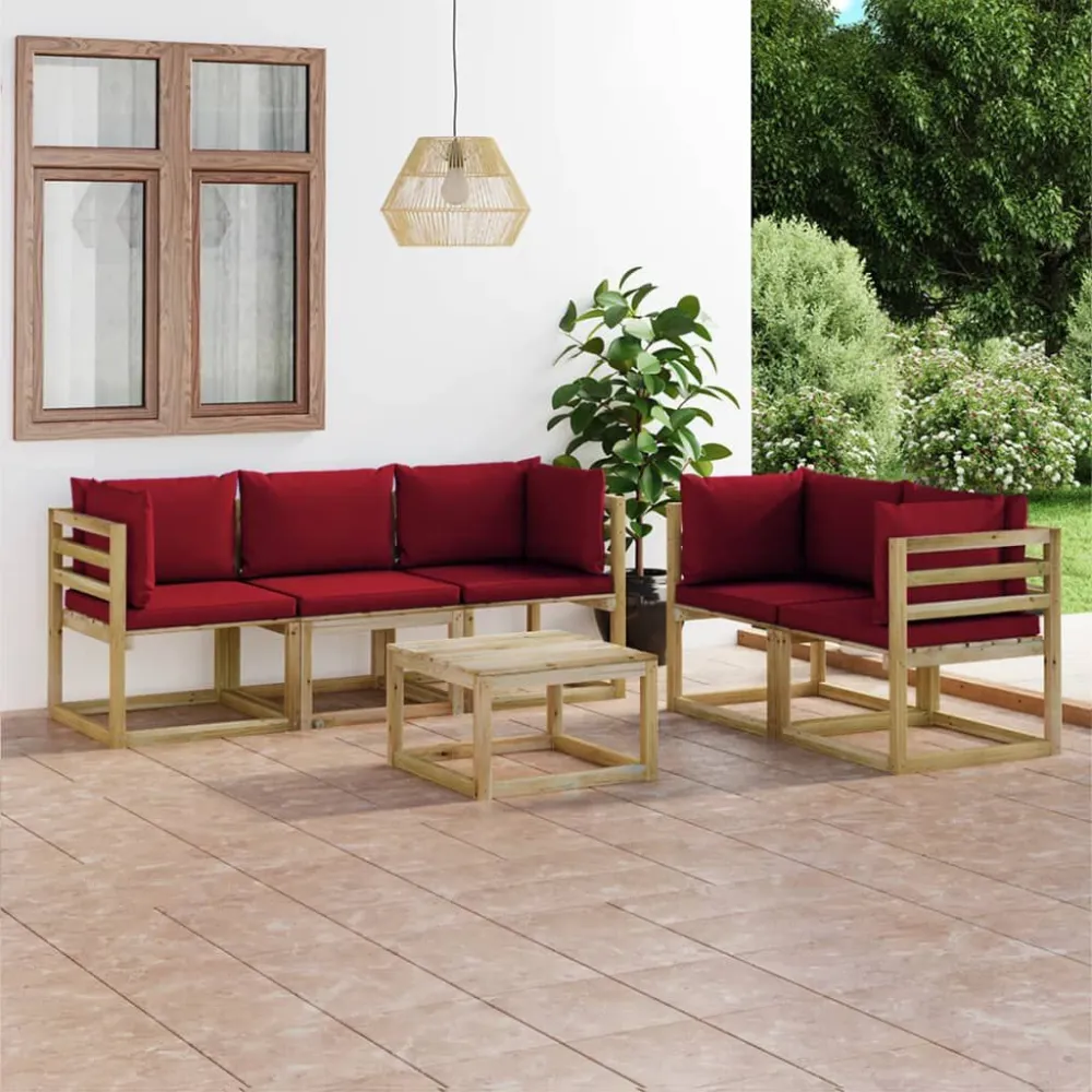 Sedia Pieghevole Set Salotto da Giardino 6 pz con Cuscini Rosso Vino