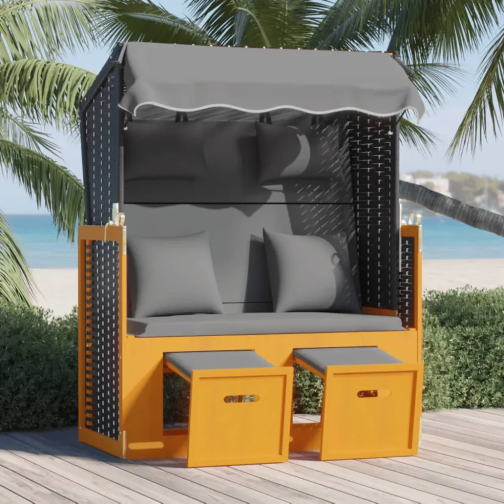 Sedia Pieghevole Strandkorb con Cuscino Polyrattan Legno Massello Nero Antracite