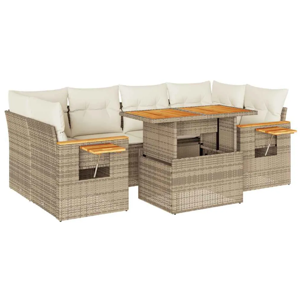 Sedia da Terrazzo Set Divani da Giardino 7 pz con Cuscini Sabbia Polyrattan Acacia