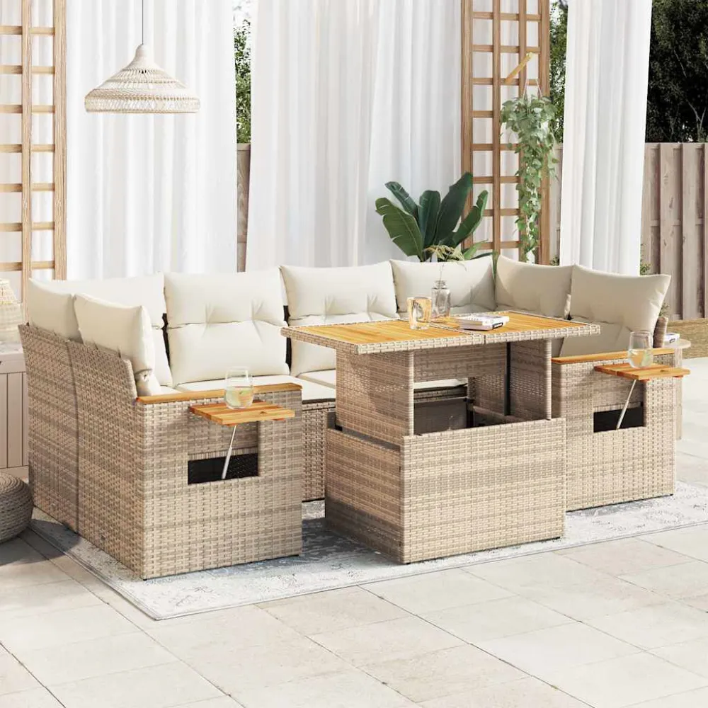 Sedia da Terrazzo Set Divani da Giardino 7 pz con Cuscini Sabbia Polyrattan Acacia