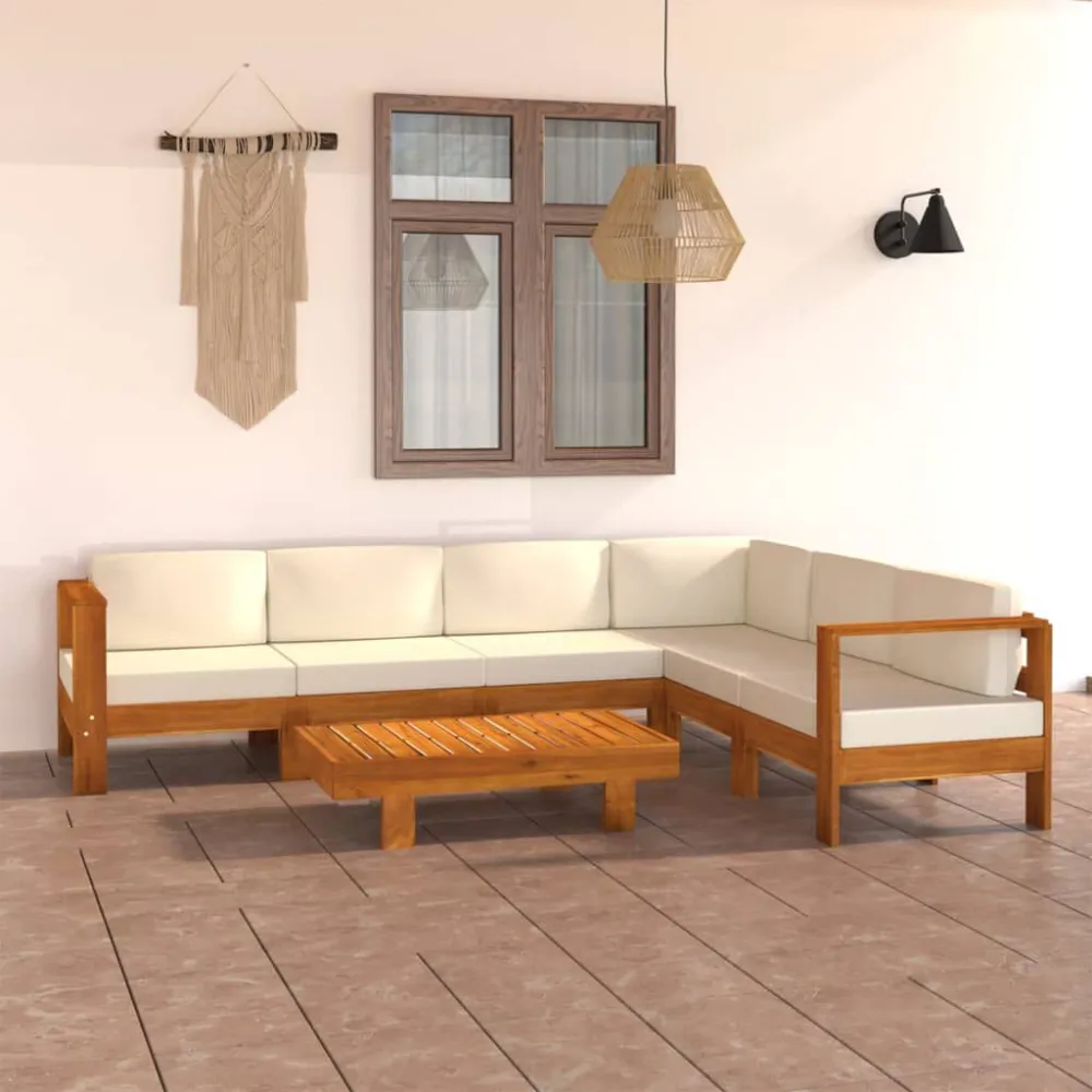 Sedia da Terrazzo Set Divani Giardino 7 pz Cuscini Bianco Crema Legno d'Acacia