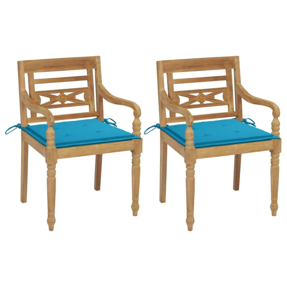 Sedie Batavia 2 pz con Cuscini Blu Massello di Teak Legno Massello