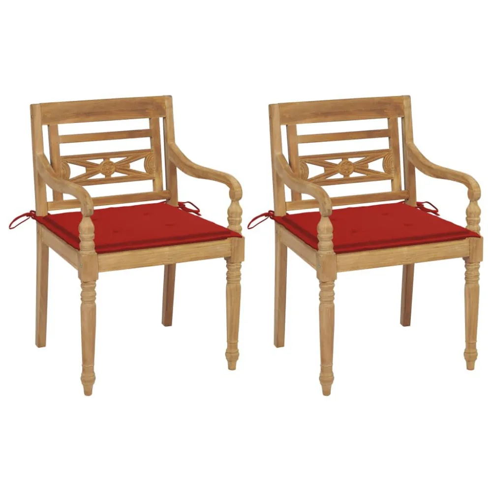 Sedie Batavia 2 pz con Cuscini Rossi Massello di Teak - Impermeabile e UV Resistente