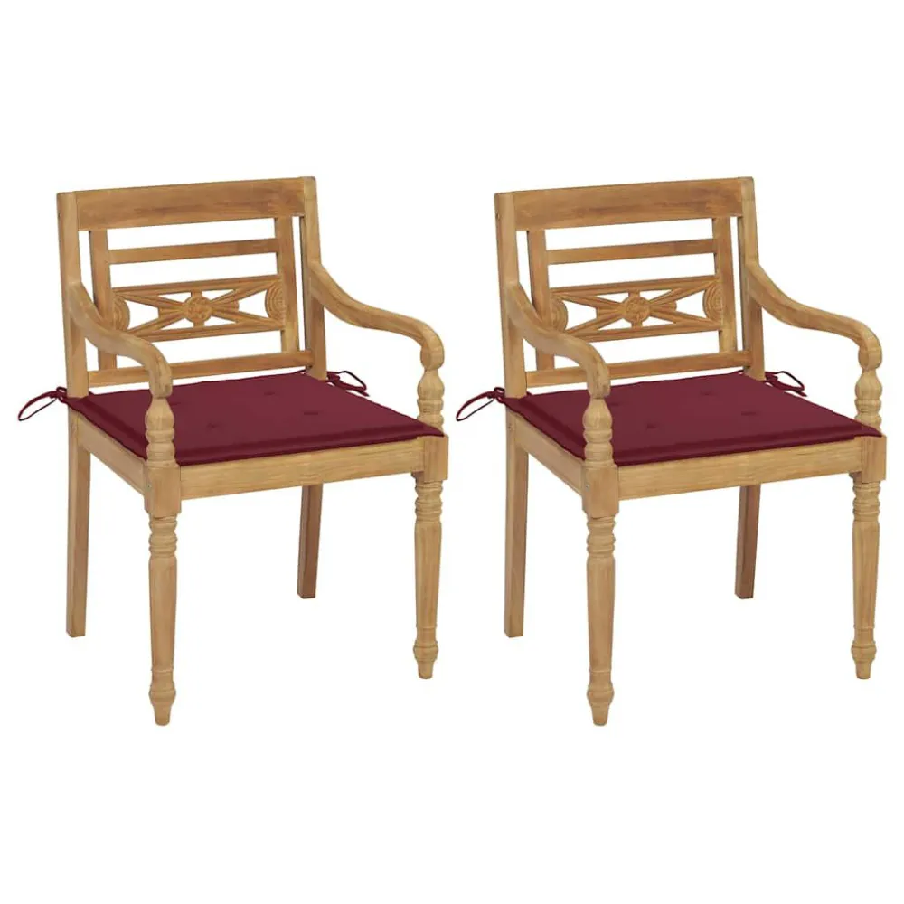 Sedie Batavia 2 pz con Cuscini Rosso Vino Massello di Teak per Giardino e Spiaggia