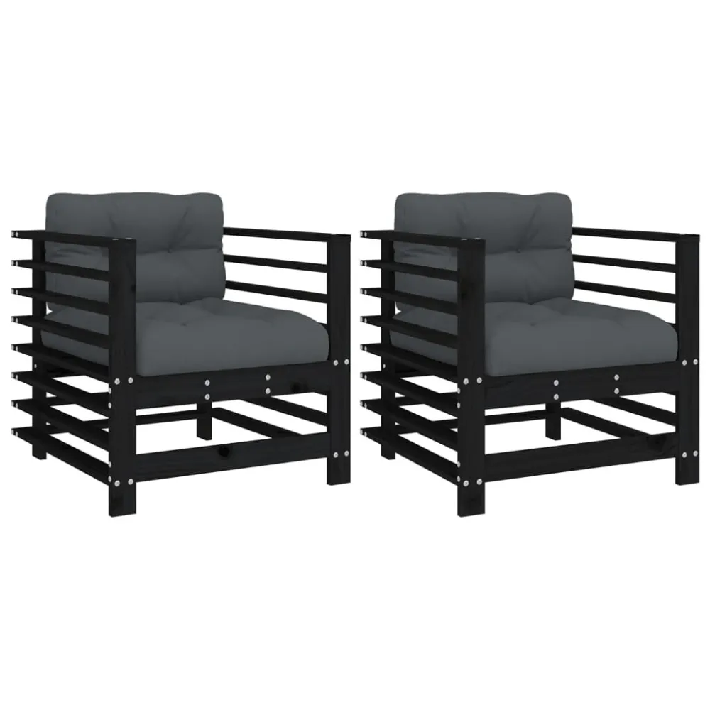 Sedie da Giardino con Cuscini 2pz Legno Massello di Pino Nero con Rivestimento Tessuto