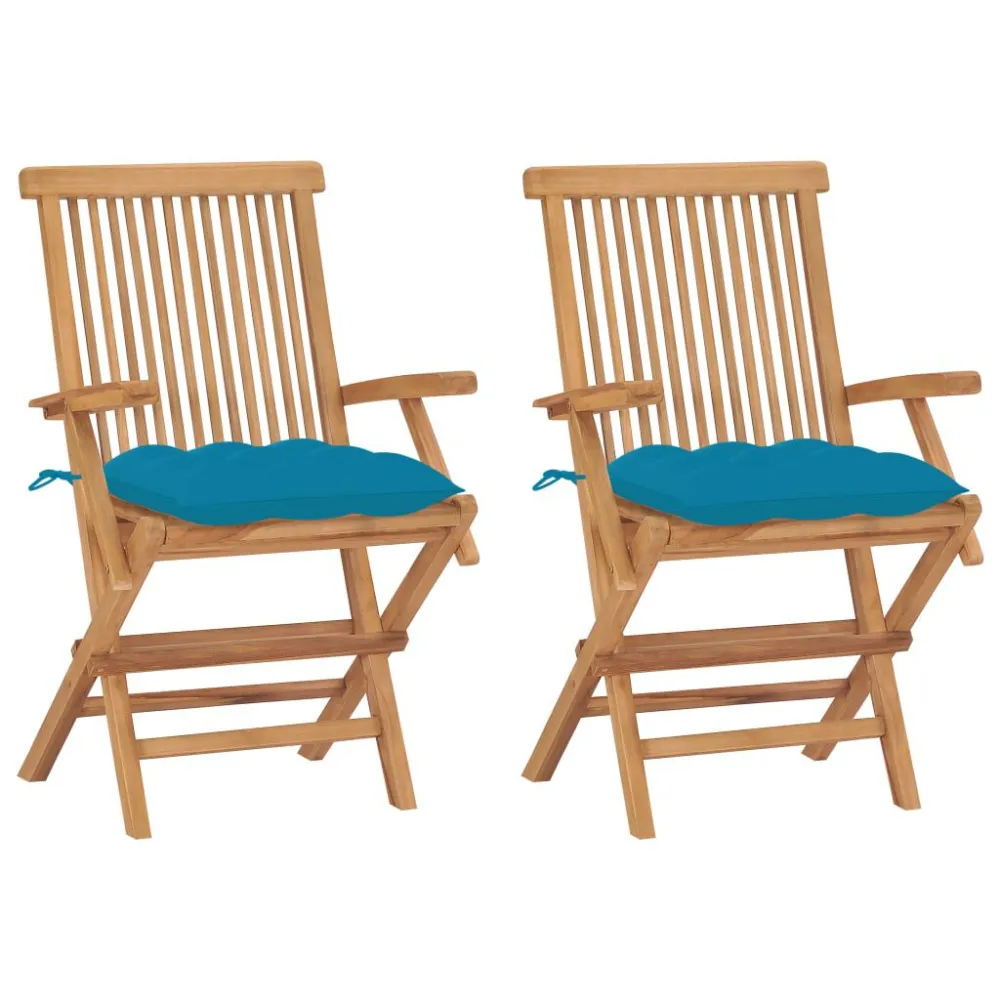 Sedie da Giardino 2 pz con Cuscini Azzurri Legno Massello Teak | Pieghevole e Leggera