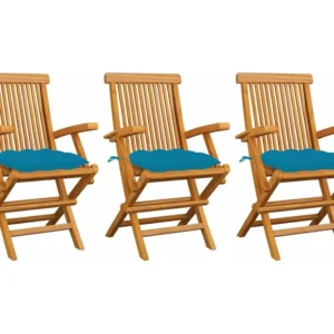 Sedie da giardino con cuscini azzurri 3 pz. Teak massello con Portabicchiere Integrato