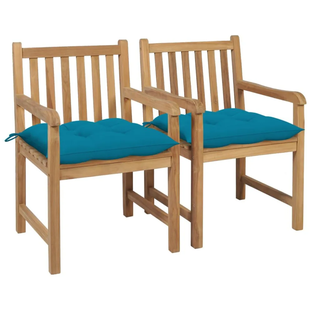 Sedie da Giardino 2 pz con Cuscini Azzurro Massello di Teak con Struttura Acciaio