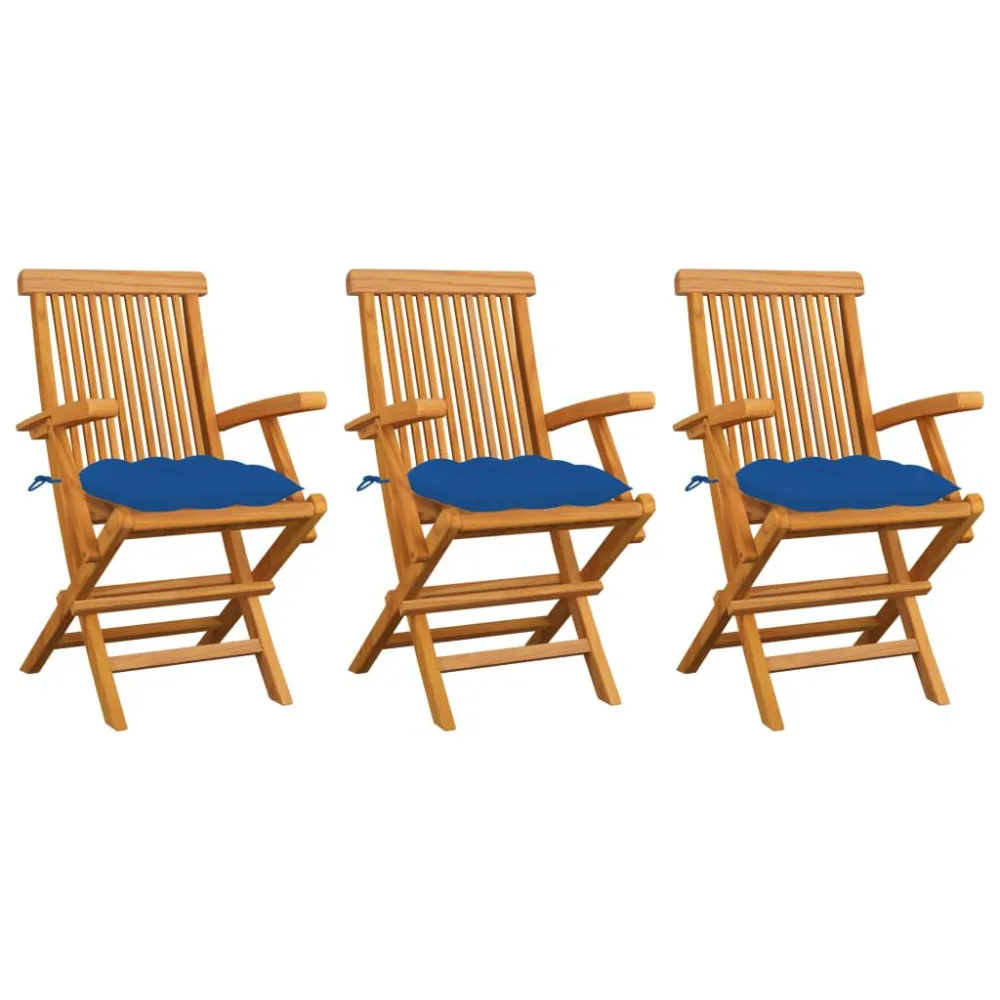 Sedie da Giardino con Cuscini Blu 3 pz Legno Massello di Teak con Cuscino Estraibile
