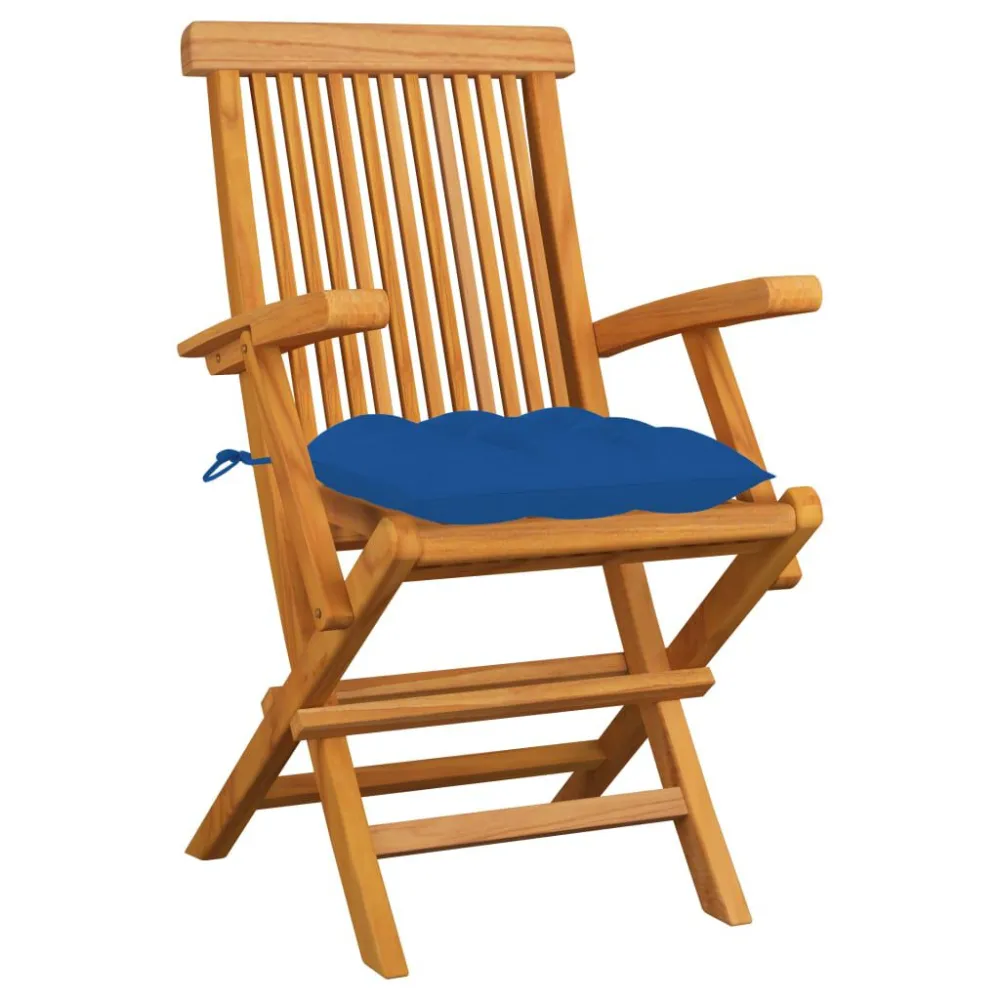 Sedie da Giardino con Cuscini Blu 3 pz Legno Massello di Teak con Cuscino Estraibile