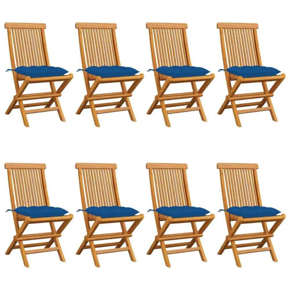 Sedie da Giardino con Cuscini Blu 8 pz Massello di Teak Easy Storage