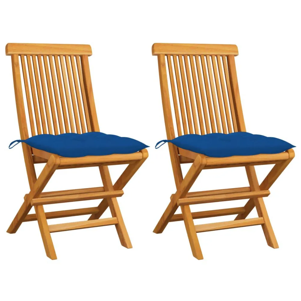 Sedie da Giardino con Cuscini Blu 2 pz Massello di Teak Easy Storage
