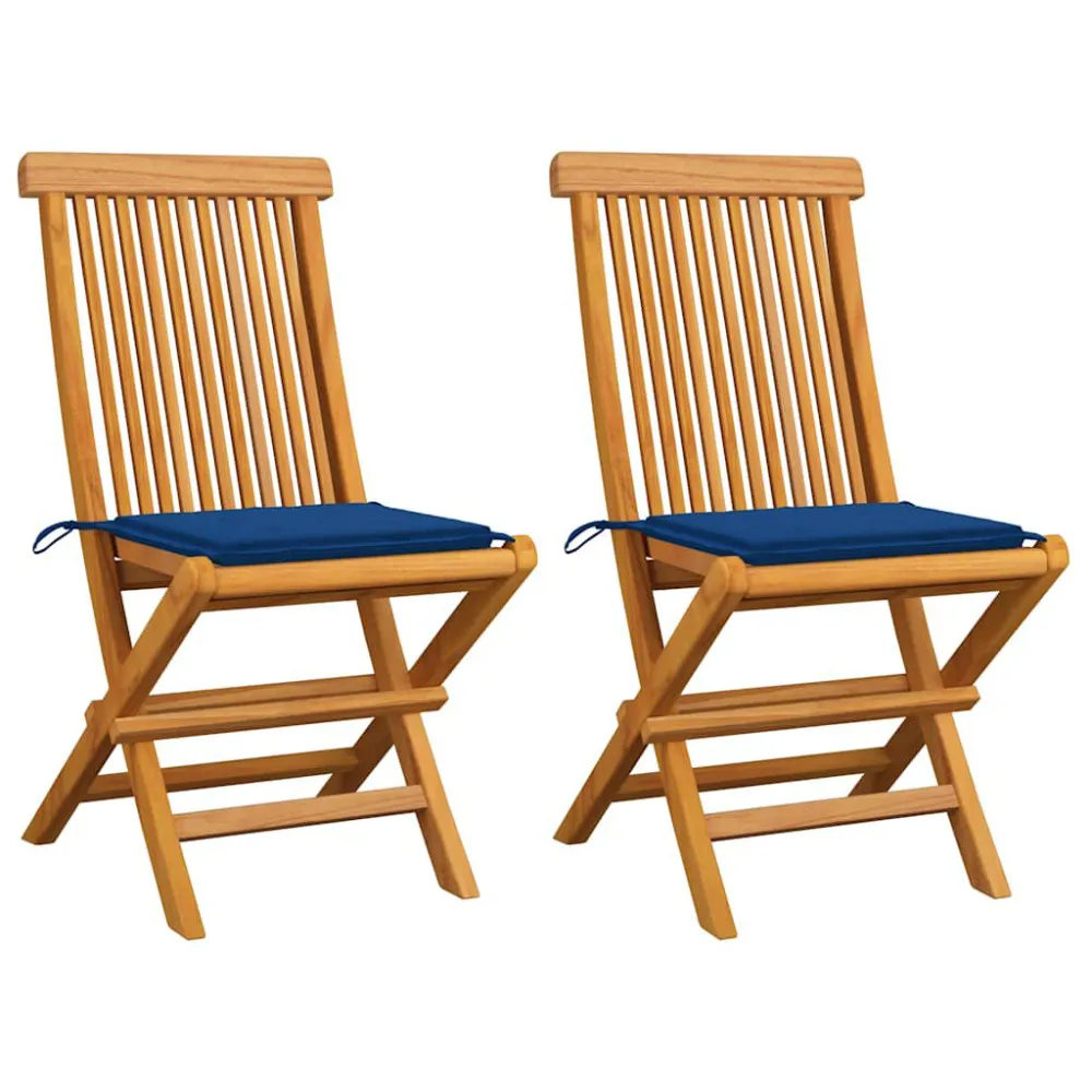 Sedie da Giardino con Cuscini Blu Reale 2 pz Massello di Teak Easy Storage