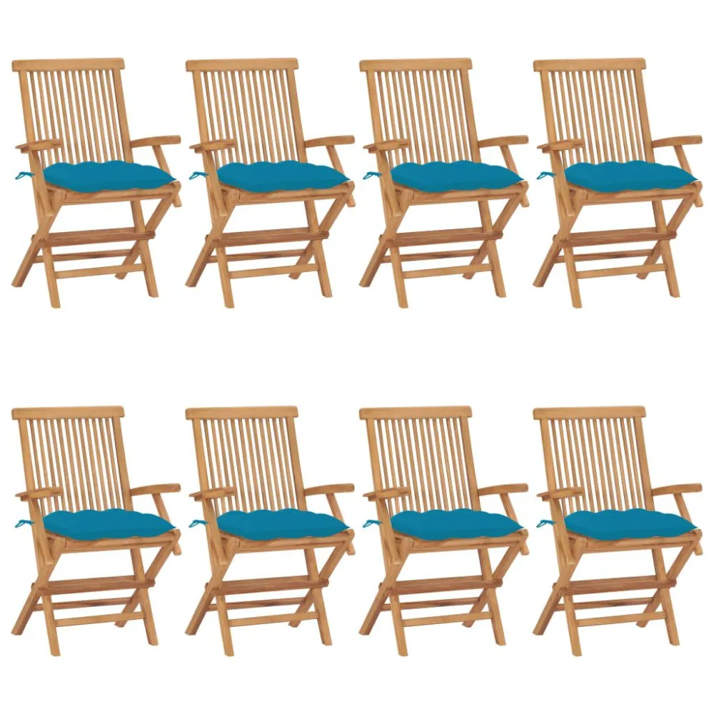 Sedie da Giardino con Cuscini Celesti 8 pz Massello di Teak Materiale Alluminio Anodizzato