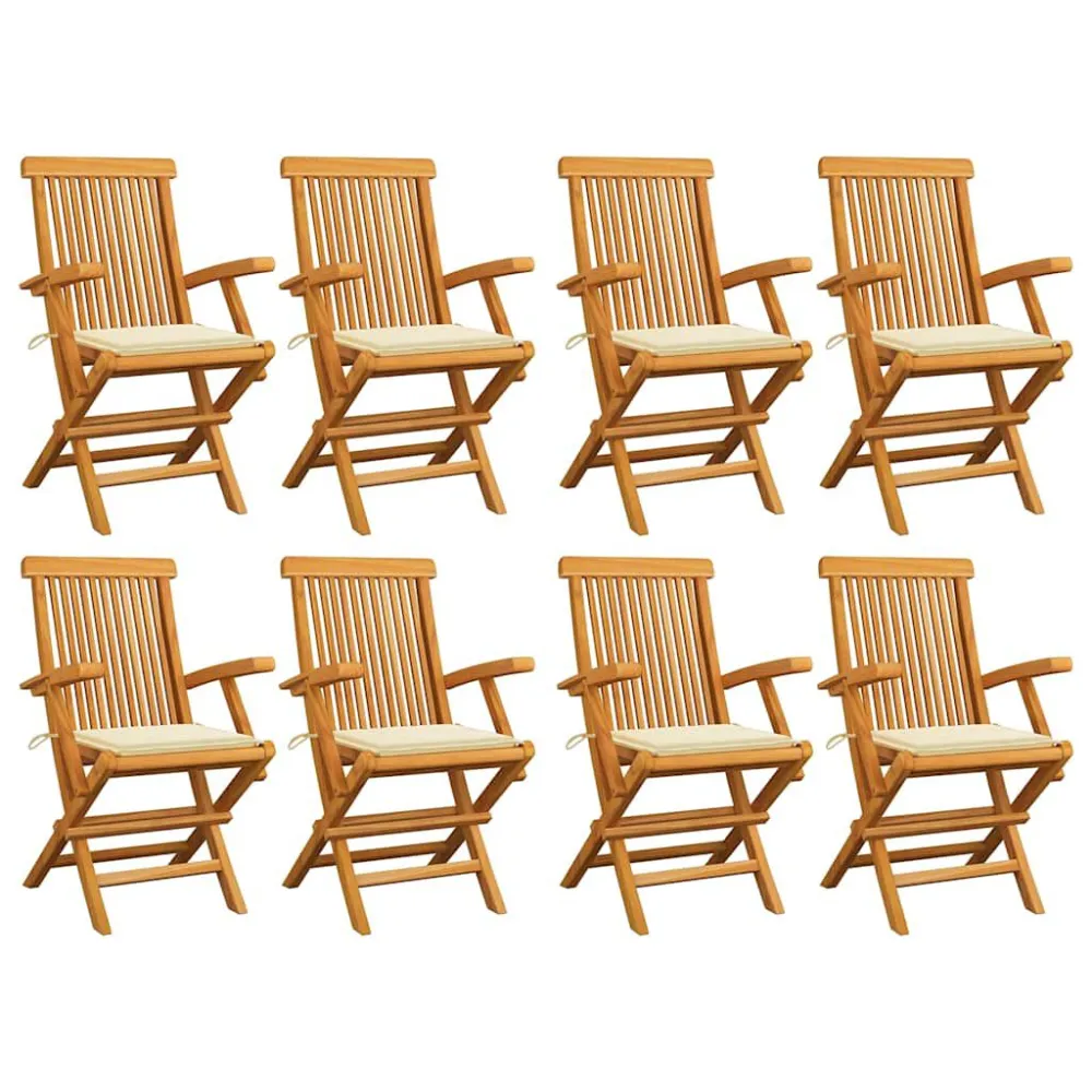 Sedie da Giardino con Cuscini Crema 8 pz Legno Massello di Teak per Giardino e Spiaggia