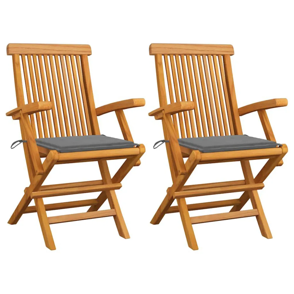 Sedie da Giardino con Cuscini Grigi 2pz Legno Massello di Teak con Rivestimento Tessuto