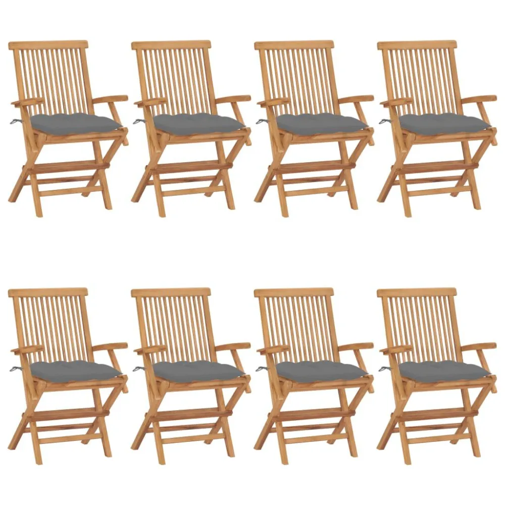 Sedie da Giardino con Cuscini Grigi 8pz Legno Massello di Teak Colori Vivaci