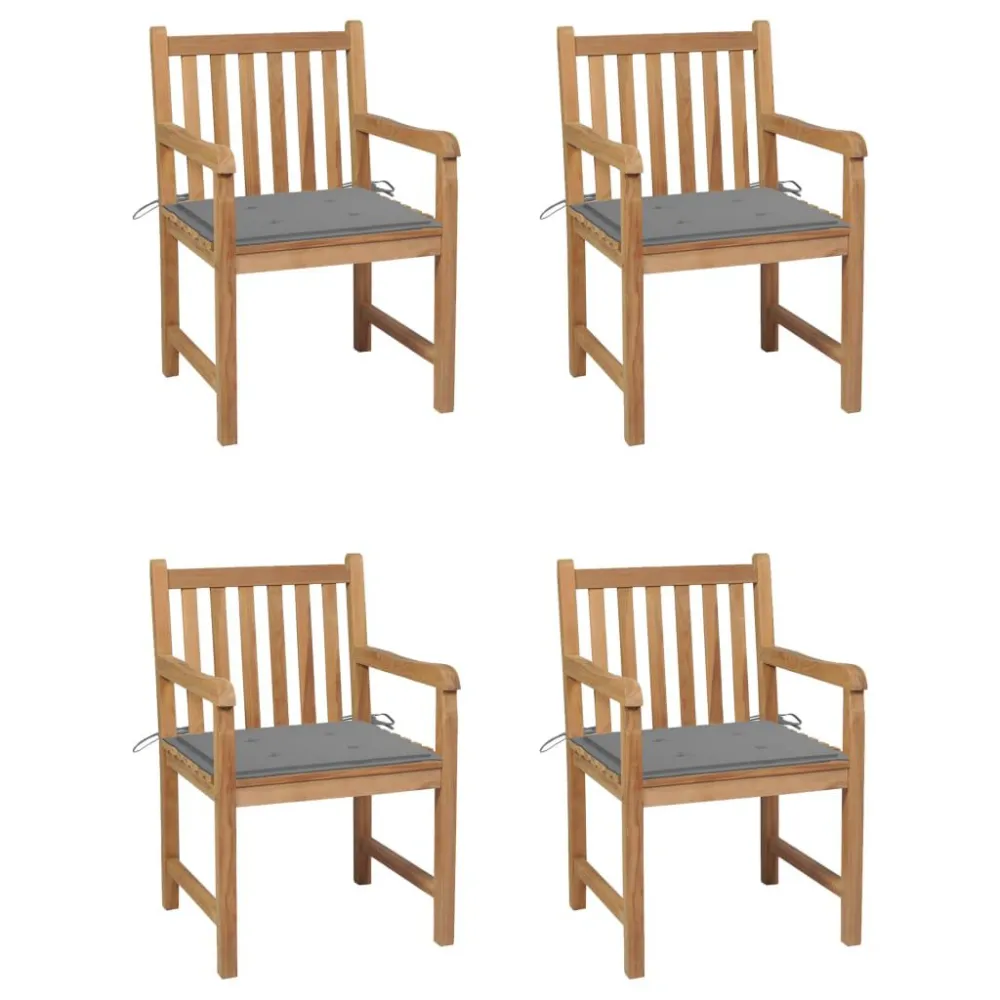 Sedie Giardino 4 pz con Cuscini Grigi Massello di Teak - Impermeabile e UV Resistente