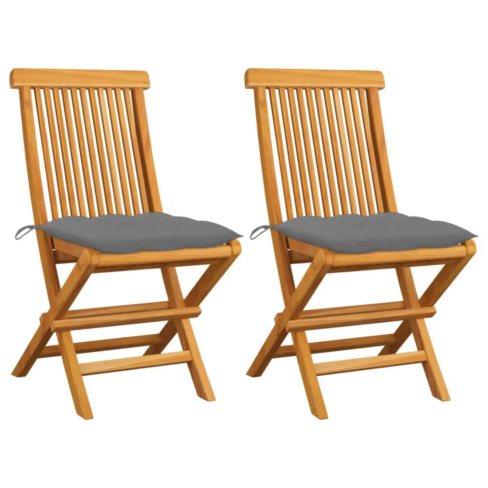 Sedie da Giardino con Cuscini Grigi 2 pz Massello di Teak Easy Storage