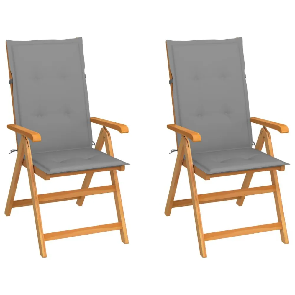 Sedie da Giardino 2 pz con Cuscini Grigi Massello di Teak | Pieghevole e Leggera