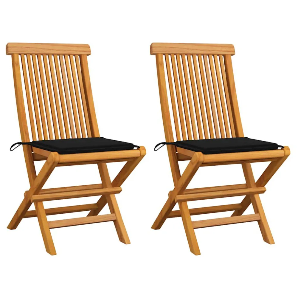 Sedie da Giardino con Cuscini Neri 2 pz Massello di Teak - Impermeabile e UV Resistente