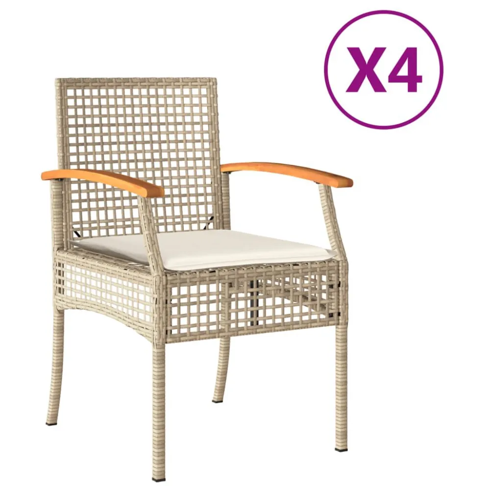 Sedie da Giardino con Cuscini 4 pz Nocciola Polyrattan e Acacia Legno Massello