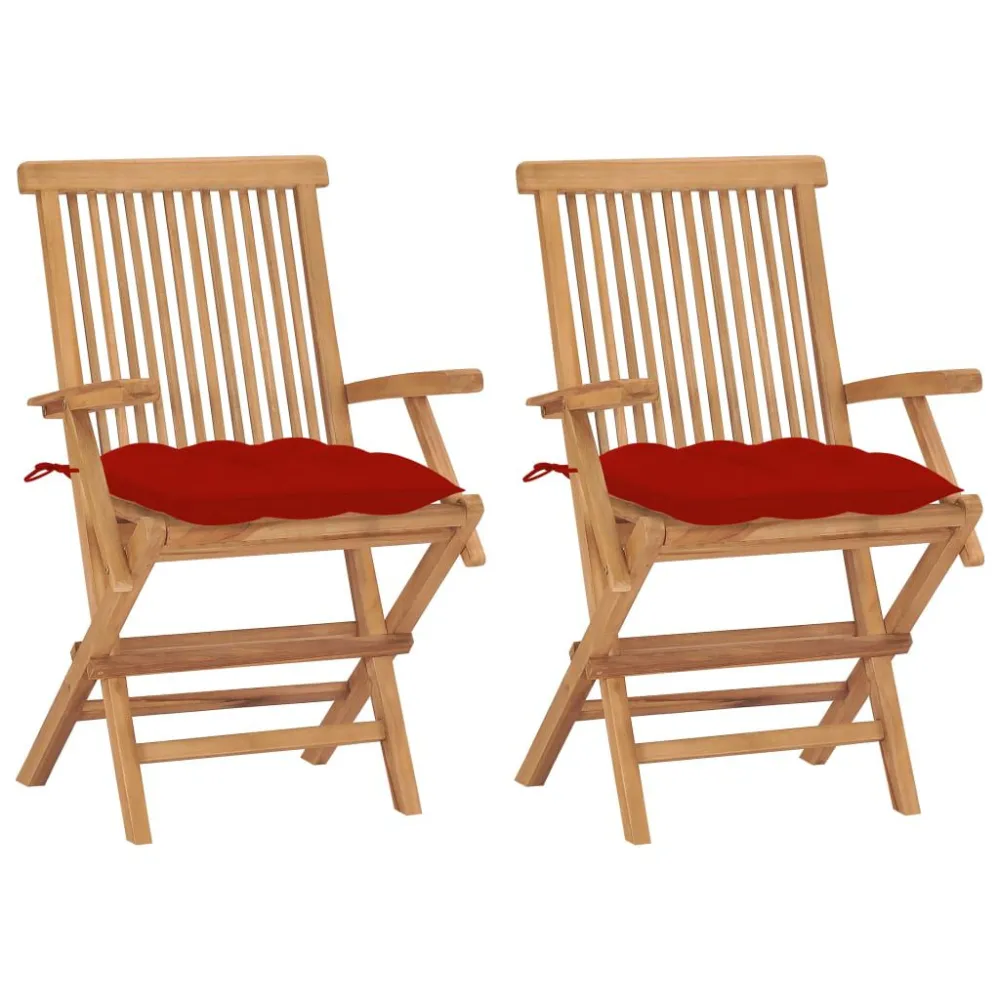 Sedie da Giardino 2 pz con Cuscini Rossi Legno Massello di Teak Legno Massello