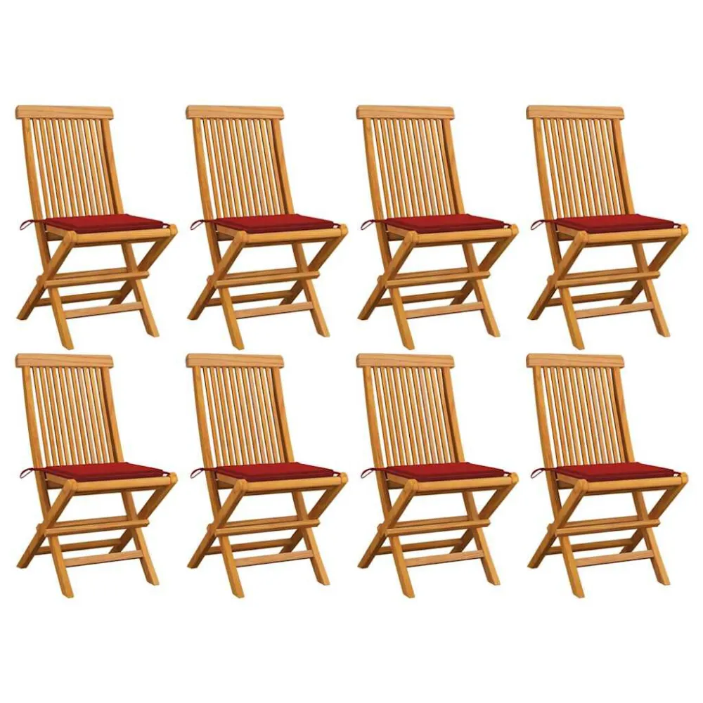 Sedie da Giardino con Cuscini Rossi 8 pz Massello di Teak con Cuscino Estraibile