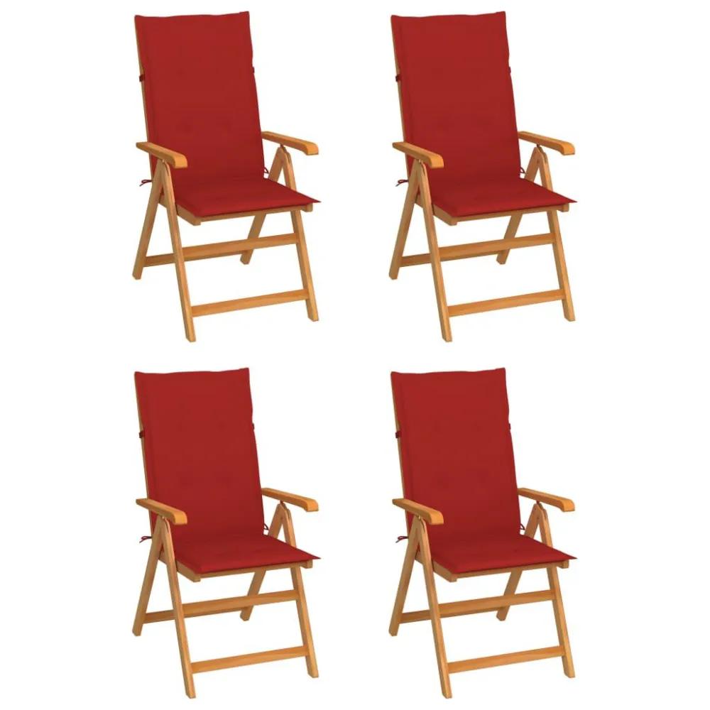 Sedie da Giardino 4 pz con Cuscini Rossi Massello di Teak con Struttura Acciaio
