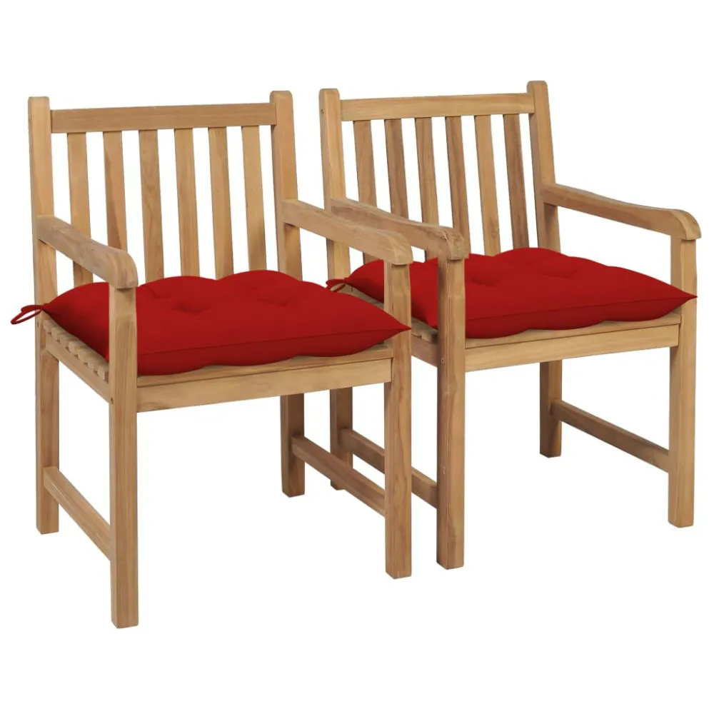 Sedie da Giardino 2 pz con Cuscini Rossi Massello di Teak con Cuscino Estraibile