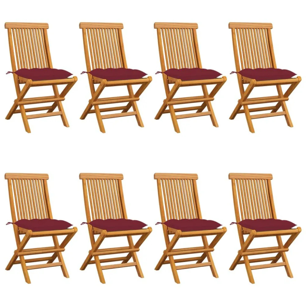 Sedie da Giardino con Cuscini Rosso Vino 8 pz Massello di Teak con Cuscino Estraibile
