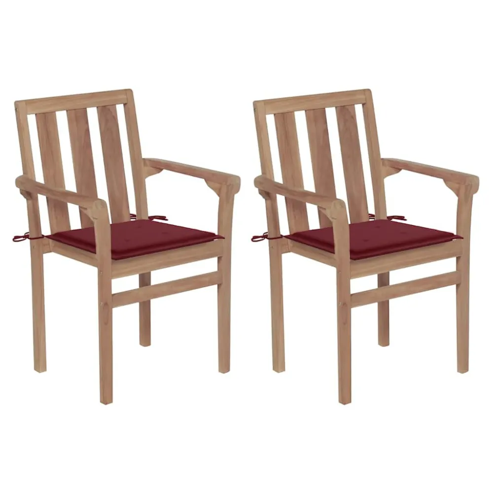 Sedie da Giardino 2 pz con Cuscini Rosso Vino Massello di Teak Colori Vivaci