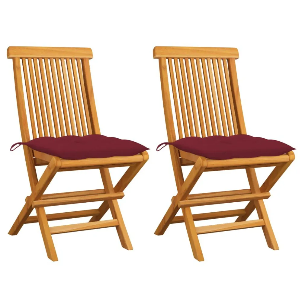 Sedie da Giardino con Cuscini Rosso Vino 2 pz Massello di Teak con Struttura Acciaio