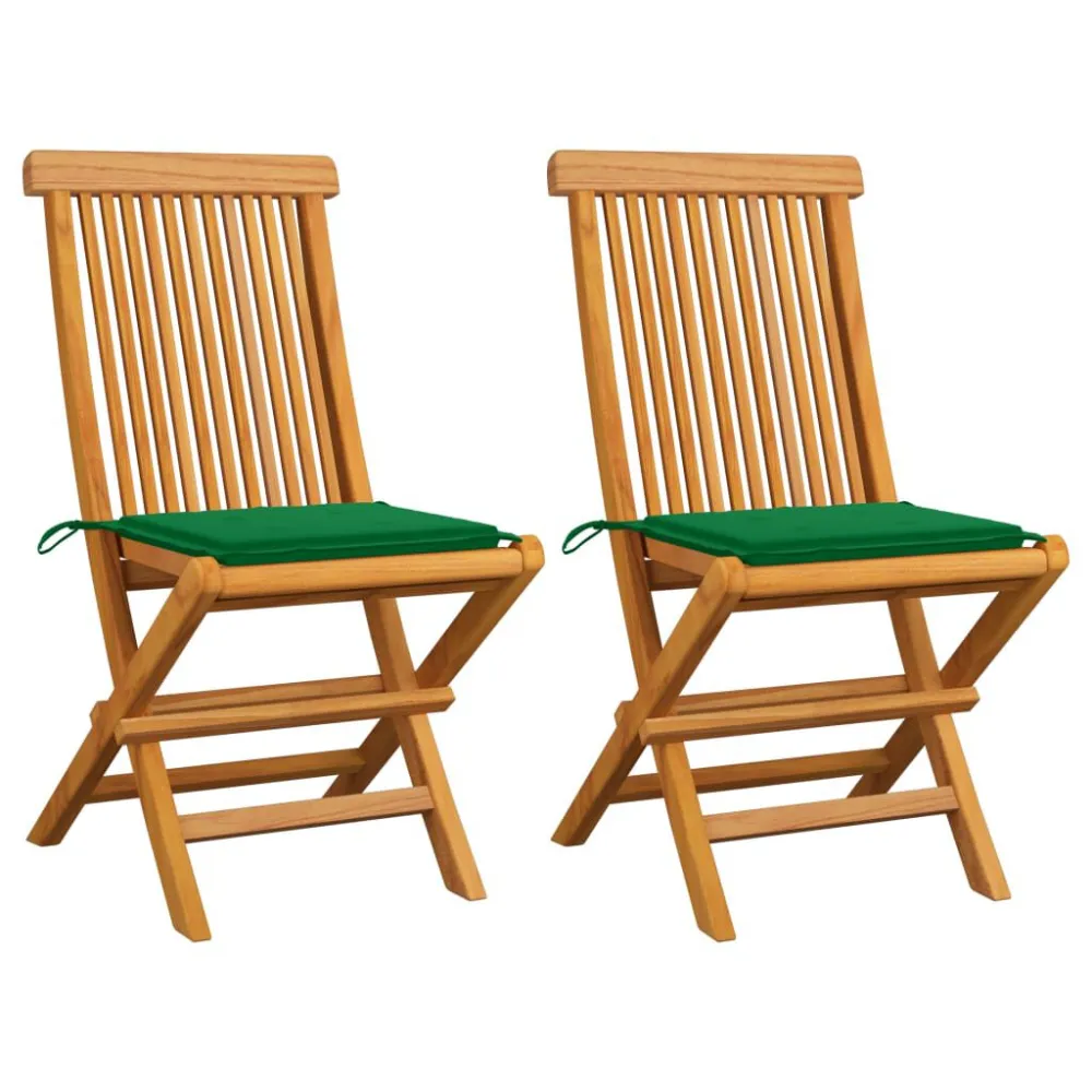 Sedie da Giardino con Cuscini Verdi 2 pz Massello di Teak - Impermeabile e UV Resistente