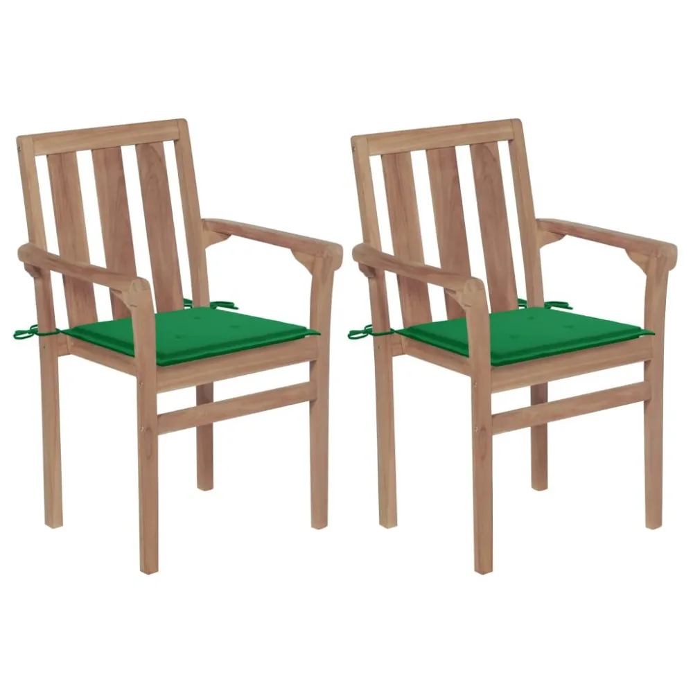 Sedie da Giardino 2 pz con Cuscini Verdi Massello di Teak con Sistema di Montaggio Rapido