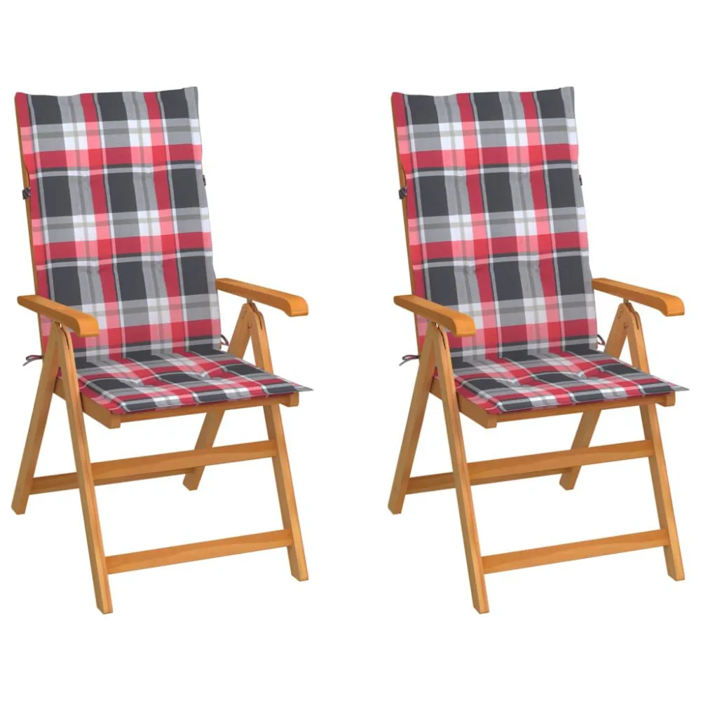 Sedie Giardino 2 pz con Cuscino Rosso Quadri Massello di Teak per Giardino e Spiaggia
