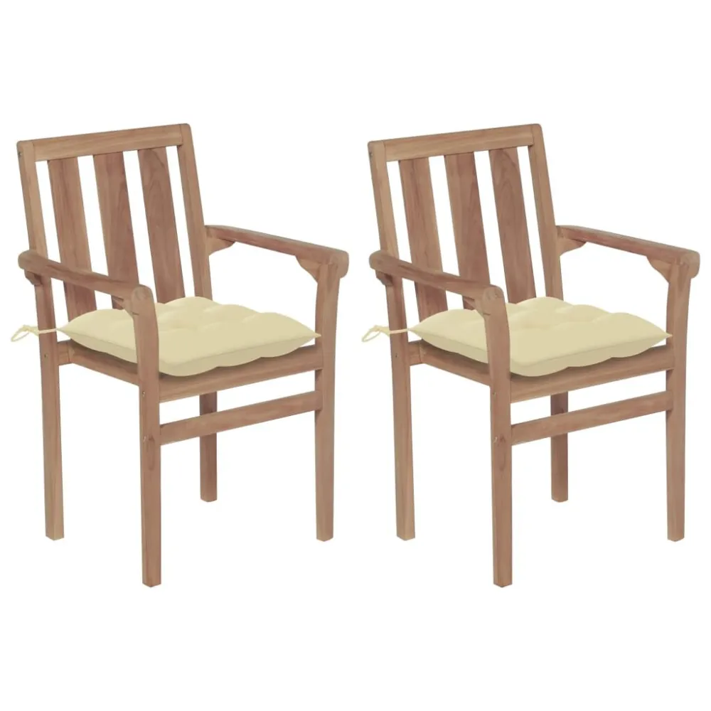 Sedie da Giardino 2 pz Cuscini Bianco Crema Massello di Teak per Relax all'Aperto