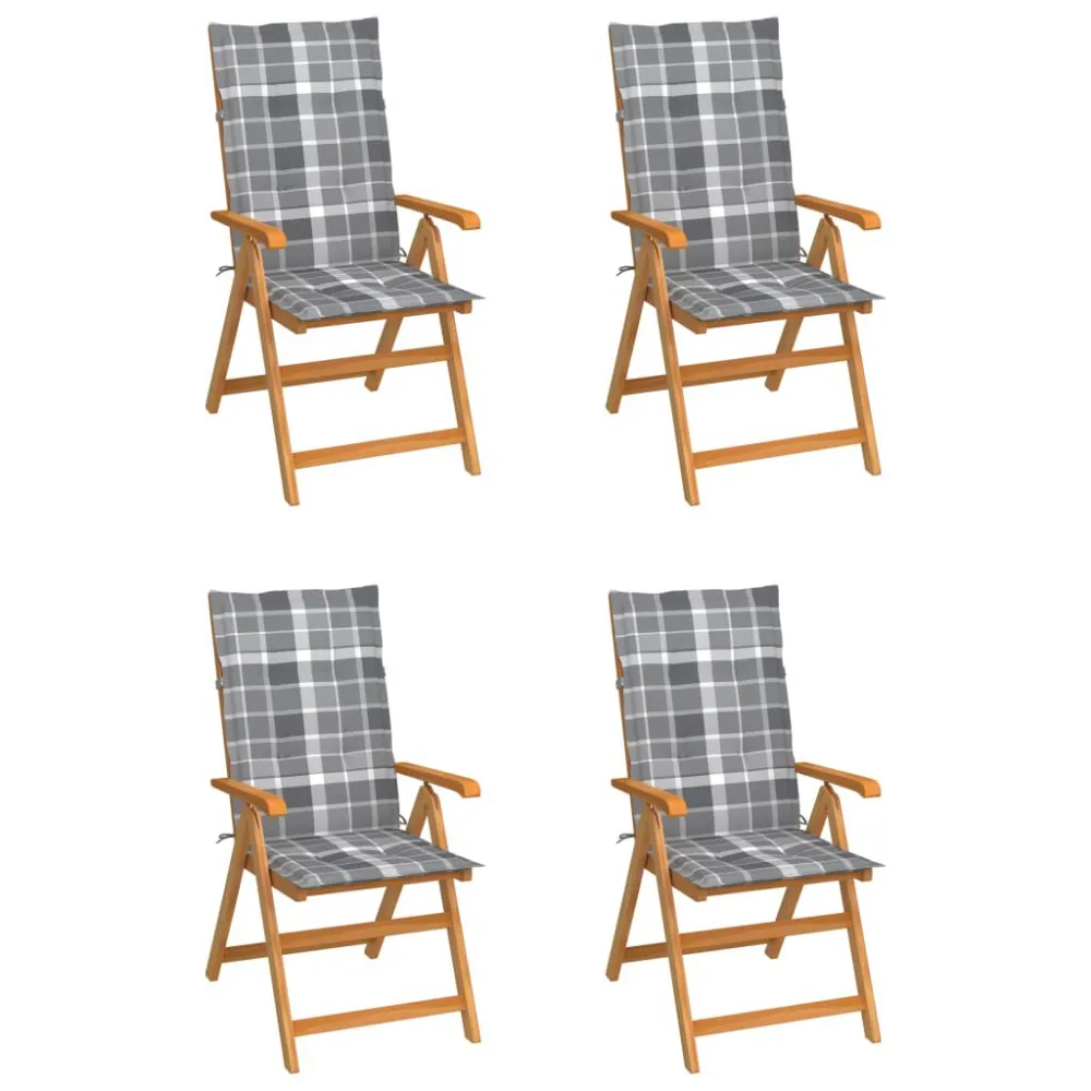 Sedie Giardino 4 pz e Cuscini Grigi Quadri Massello di Teak con Rivestimento Tessuto