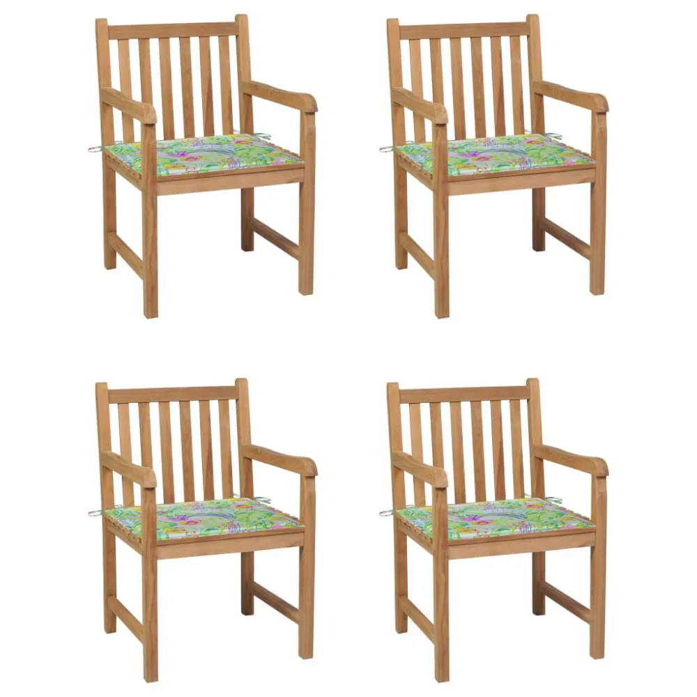 Sedie Giardino 4 pz e Cuscini Motivo Foglie Massello di Teak Legno Massello