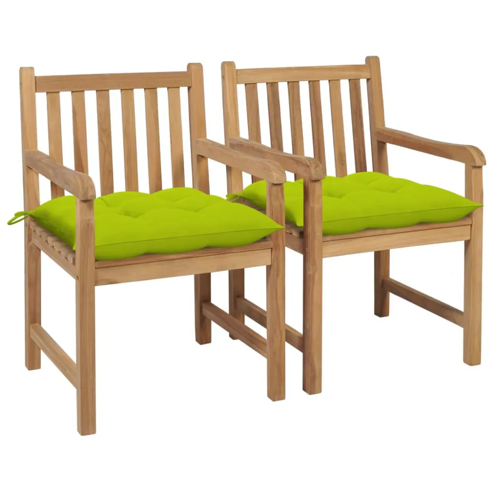 Sedie da Giardino 2 pz Cuscini Verde Brillante Legno di Teak con Sistema di Montaggio Rapido