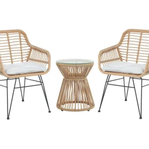 Set da balcone 2 sedie e tavolino rattan color naturale e cuscini grigio evidente TRESTINA