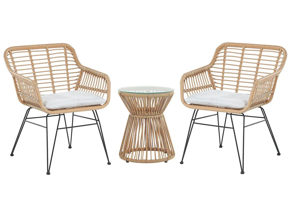 Set da balcone 2 sedie e tavolino rattan color naturale e cuscini grigio evidente TRESTINA