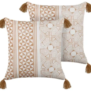 Set 2 Cotton Cushions Geometric Pattern Tassels 45x45 cm Light Brown and White MALUS