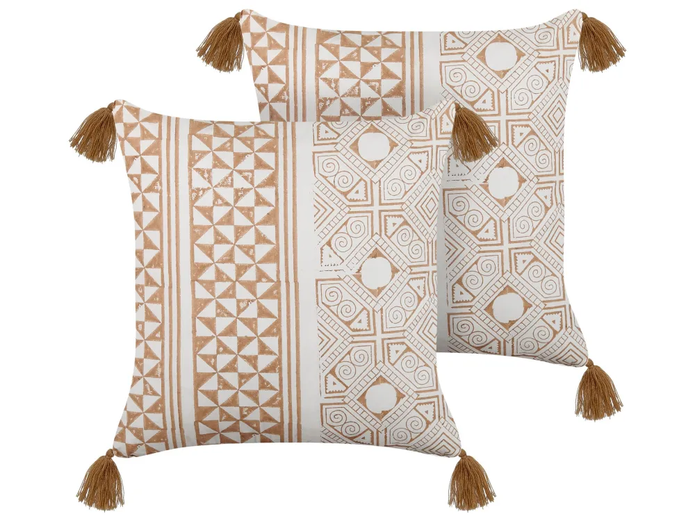 Set 2 Cotton Cushions Geometric Pattern Tassels 45x45 cm Light Brown and White MALUS