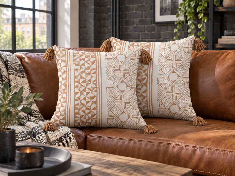 Set 2 Cotton Cushions Geometric Pattern Tassels 45x45 cm Light Brown and White MALUS