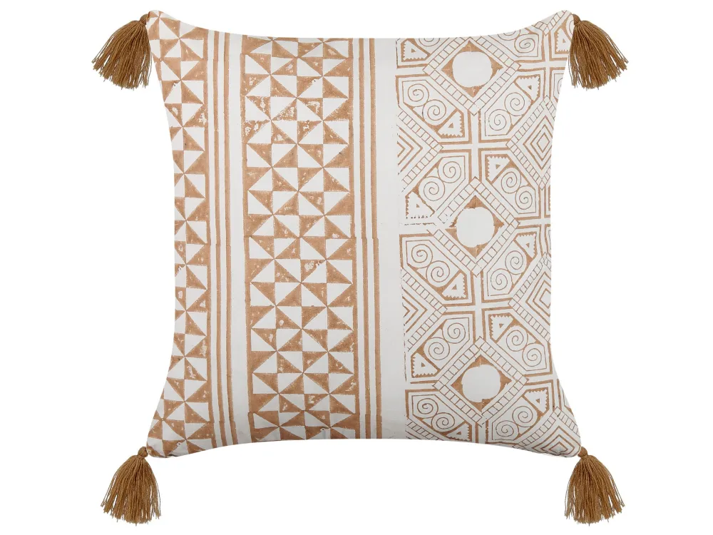 Set 2 Cotton Cushions Geometric Pattern Tassels 45x45 cm Light Brown and White MALUS